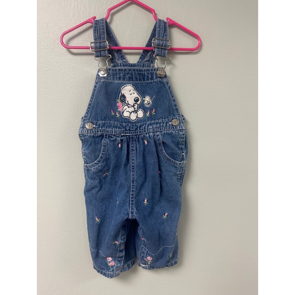 Vintage Peanuts Baby Snoopy Woodstock Embroidered Denim Overalls 3-6M Blue